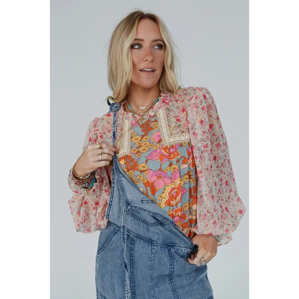 Jodifl Women Floral Patchwork Boho Babydoll Blouse Balloon Sleeve Blue Pink M